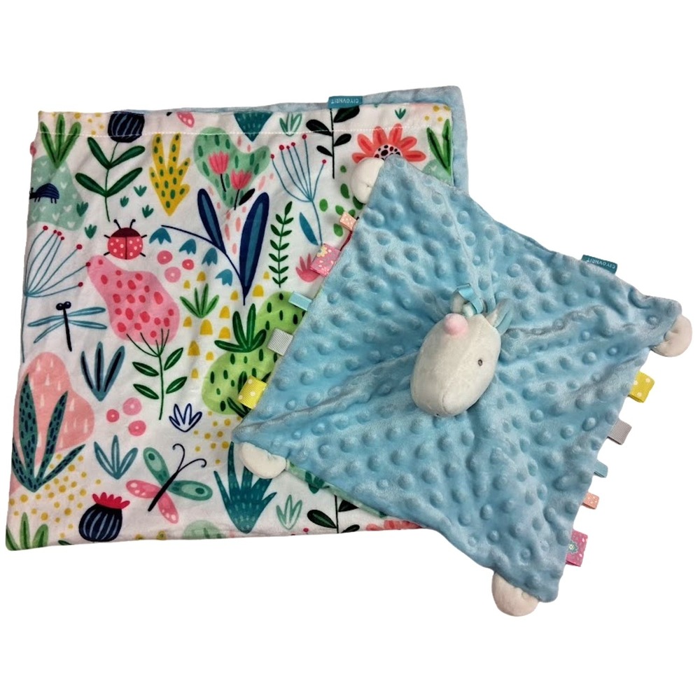 Minky Dot Floral Baby Girl Blanket And Matching Unicorn Security Lovey Blue Soft